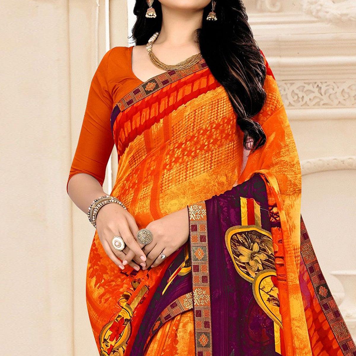 Orange Floral Printed Georgette Saree - Peachmode