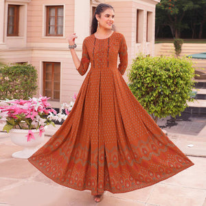 Orange Floral Printed Heavy Rayon Gown - Peachmode