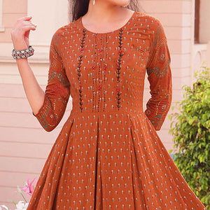 Orange Floral Printed Heavy Rayon Gown - Peachmode
