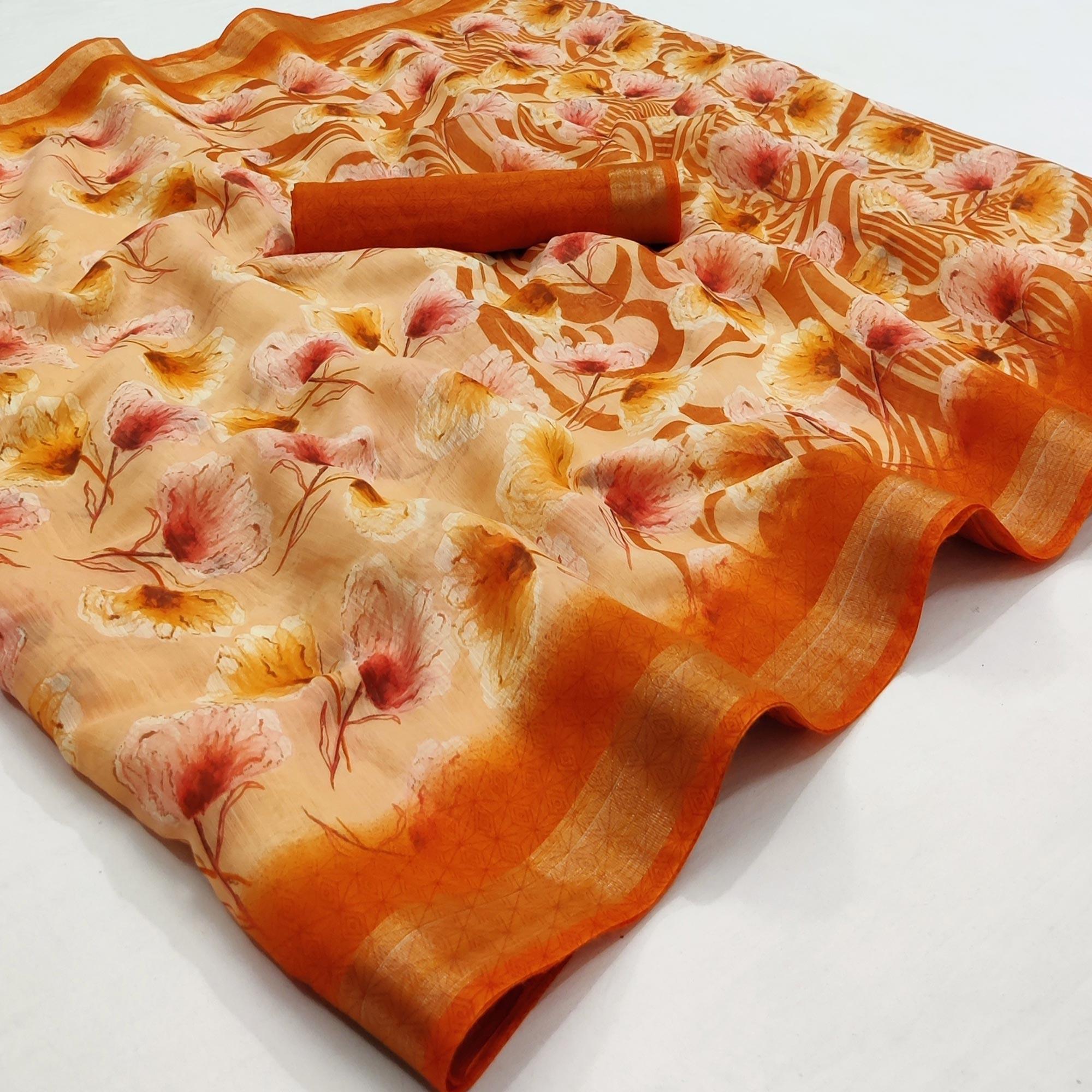 Orange Floral Printed Linen Saree - Peachmode
