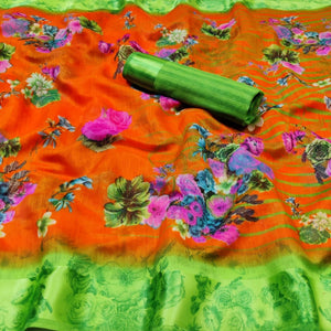 Orange Floral Printed Linen Saree - Peachmode