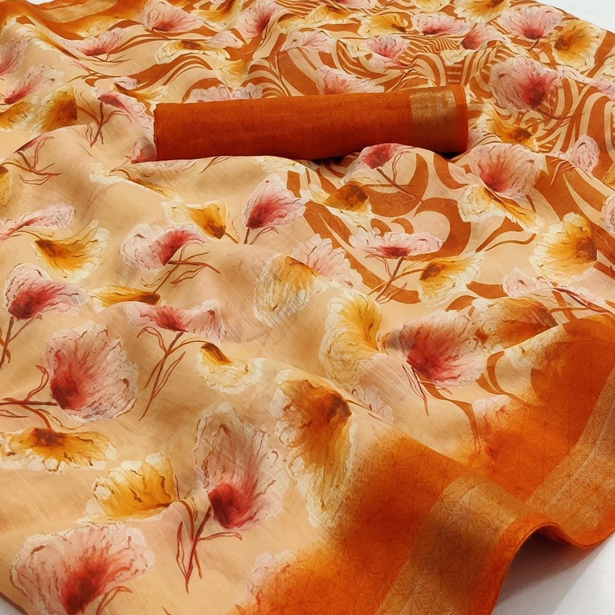 Orange Floral Printed Linen Saree - Peachmode