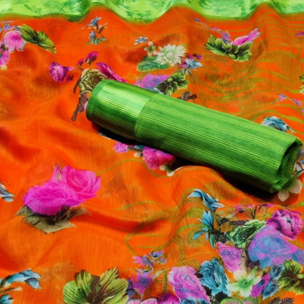 Orange Floral Printed Linen Saree - Peachmode