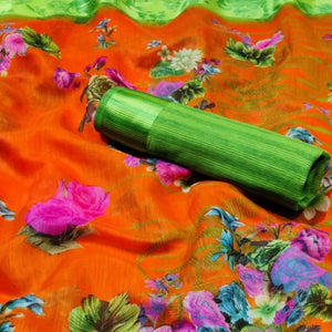 Orange Floral Printed Linen Saree - Peachmode