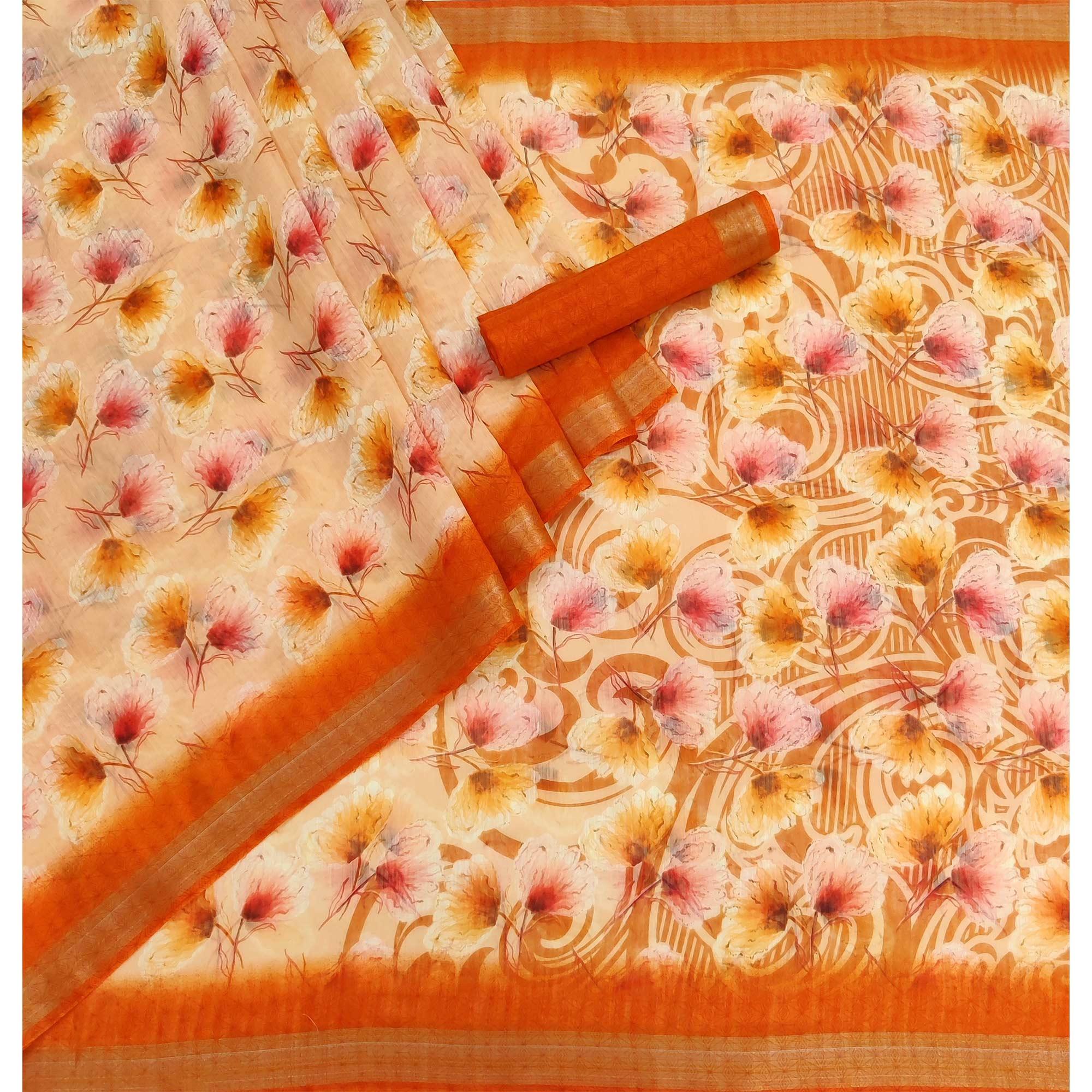 Orange Floral Printed Linen Saree - Peachmode