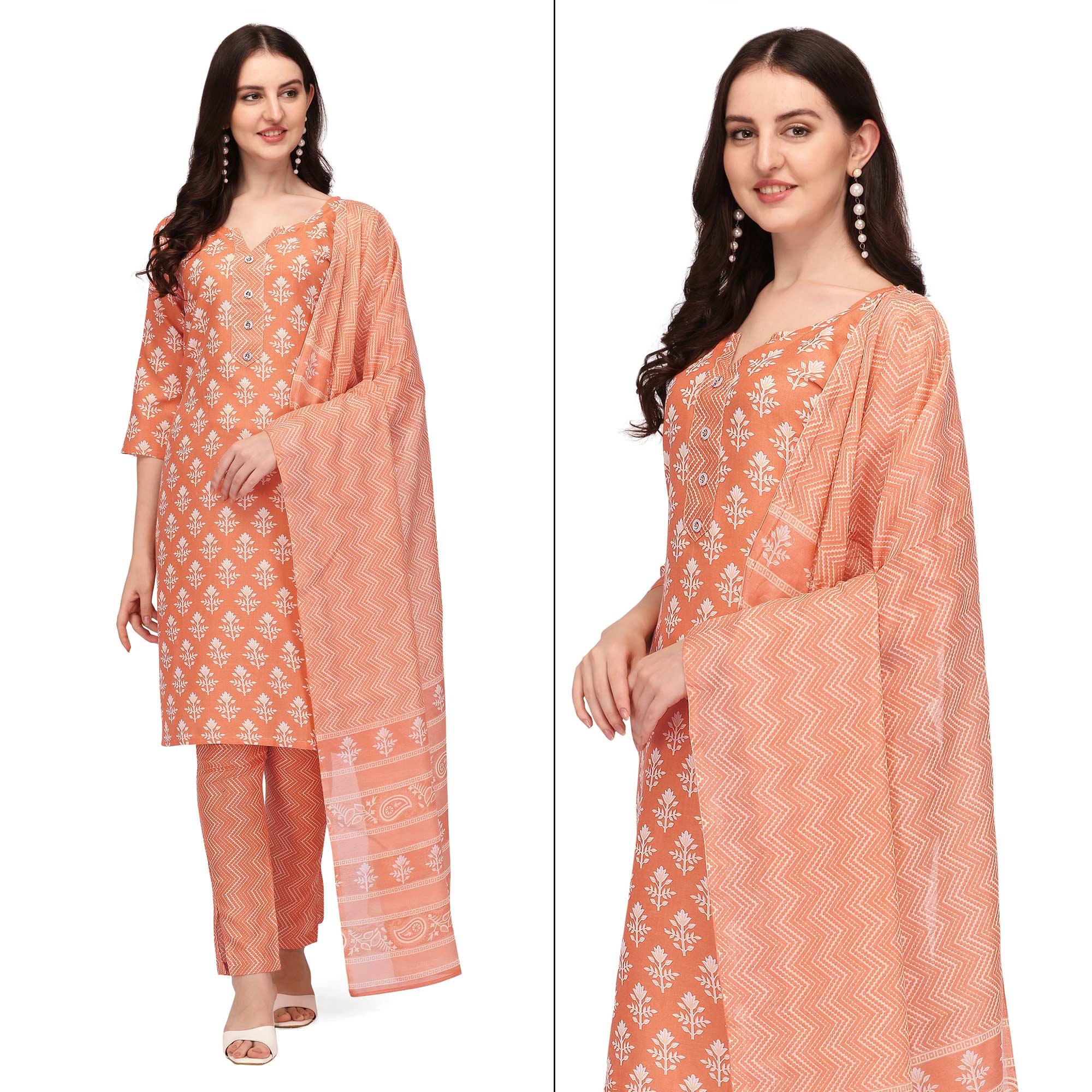 Orange Floral Printed Poly Cotton Kurti Pant Set With Dupatta - Peachmode