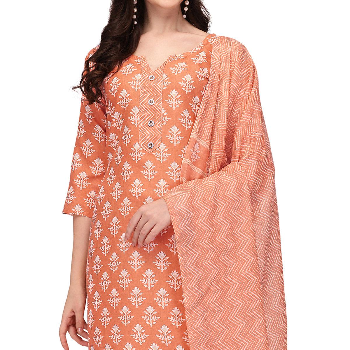 Orange Floral Printed Poly Cotton Kurti Pant Set With Dupatta - Peachmode