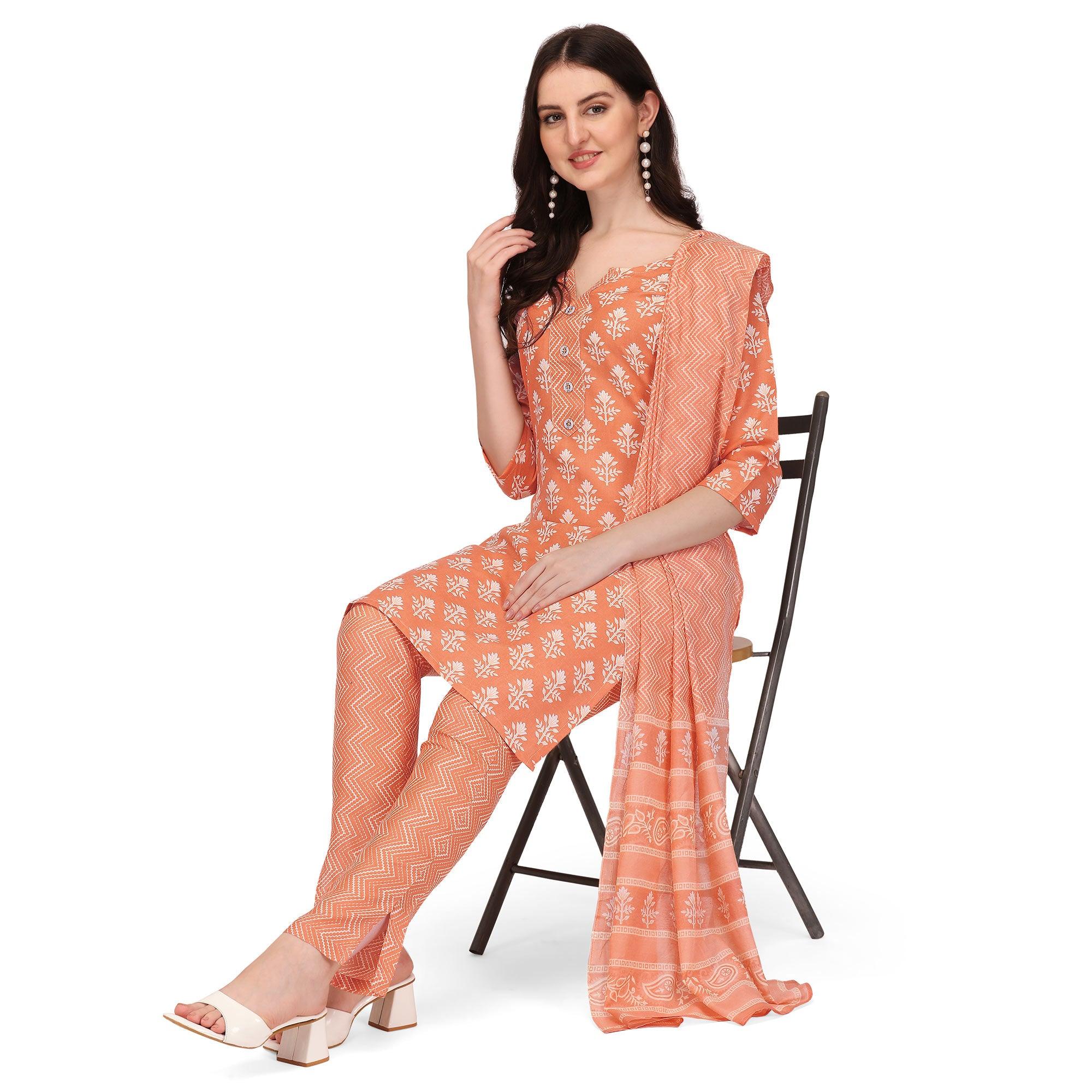 Orange Floral Printed Poly Cotton Kurti Pant Set With Dupatta - Peachmode