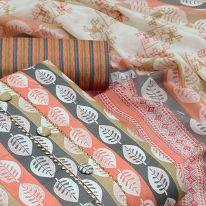 Orange Floral Printed Pure Cotton Dress Material - Peachmode