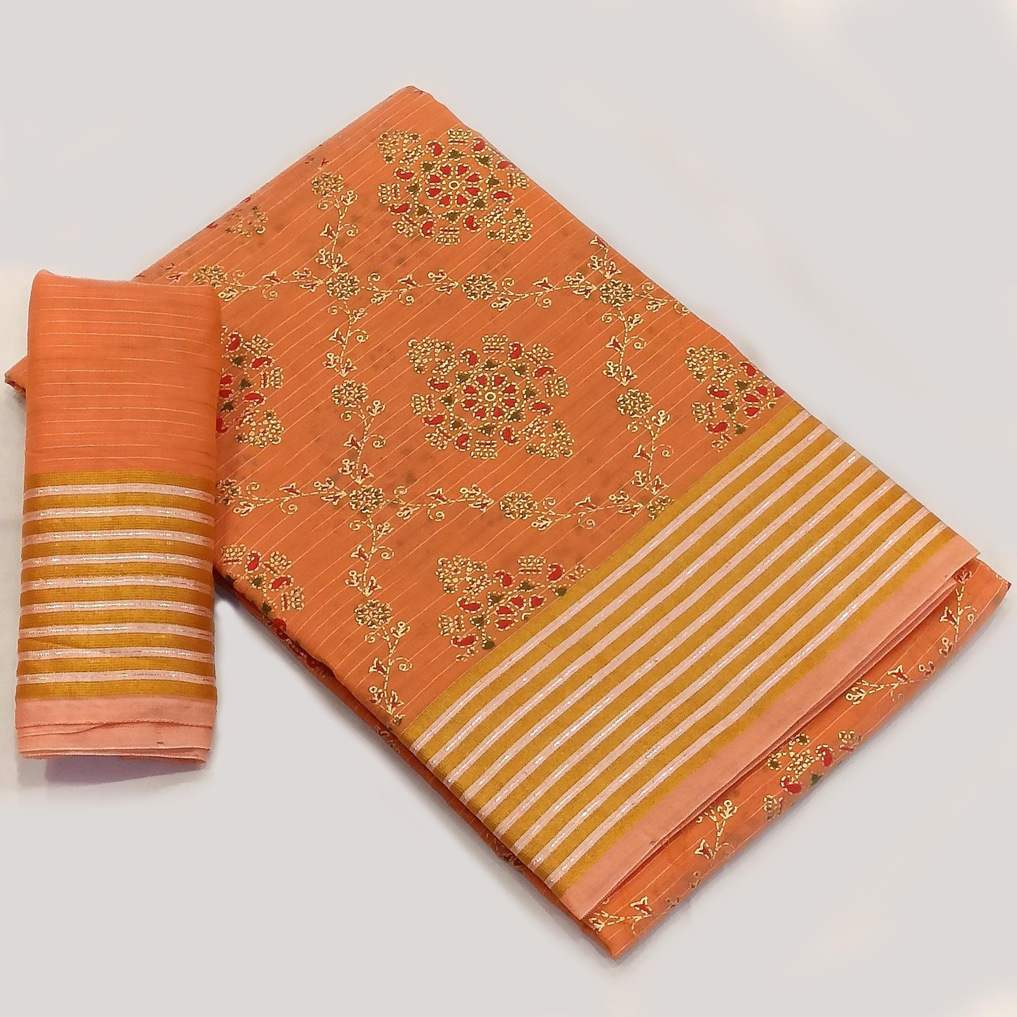 Orange Floral Printed Pure Cotton Saree - Peachmode