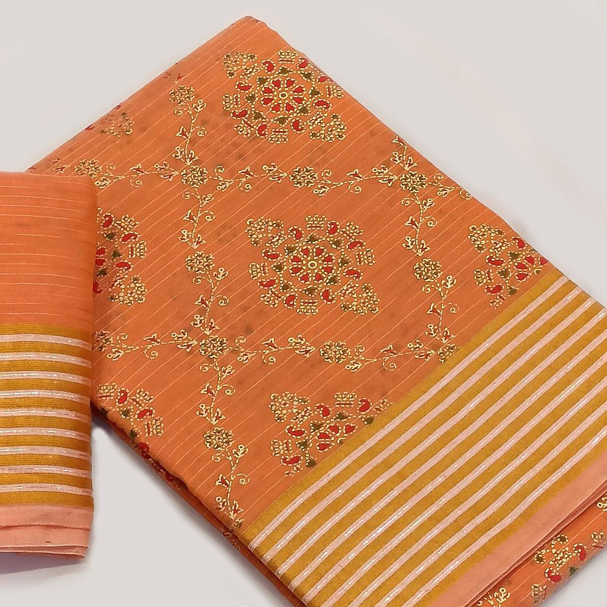 Orange Floral Printed Pure Cotton Saree - Peachmode