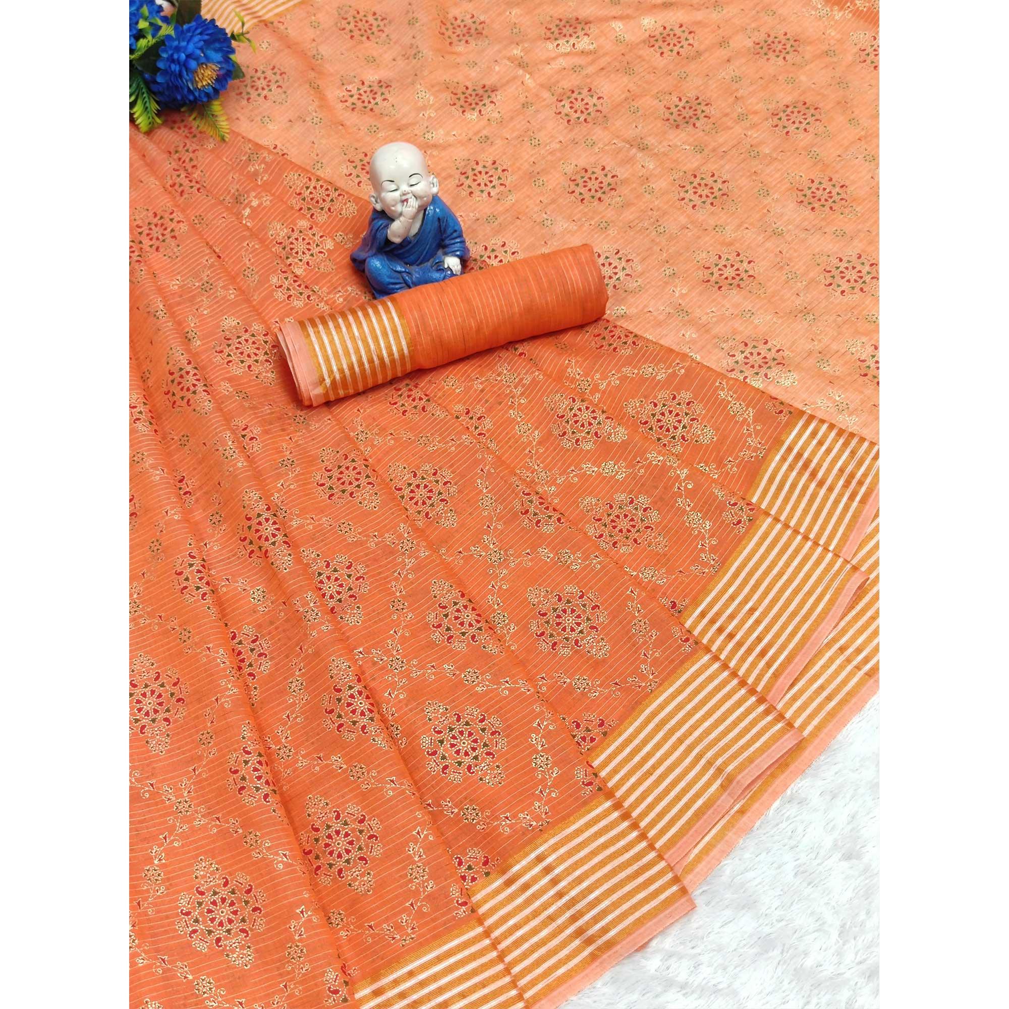 Orange Floral Printed Pure Cotton Saree - Peachmode