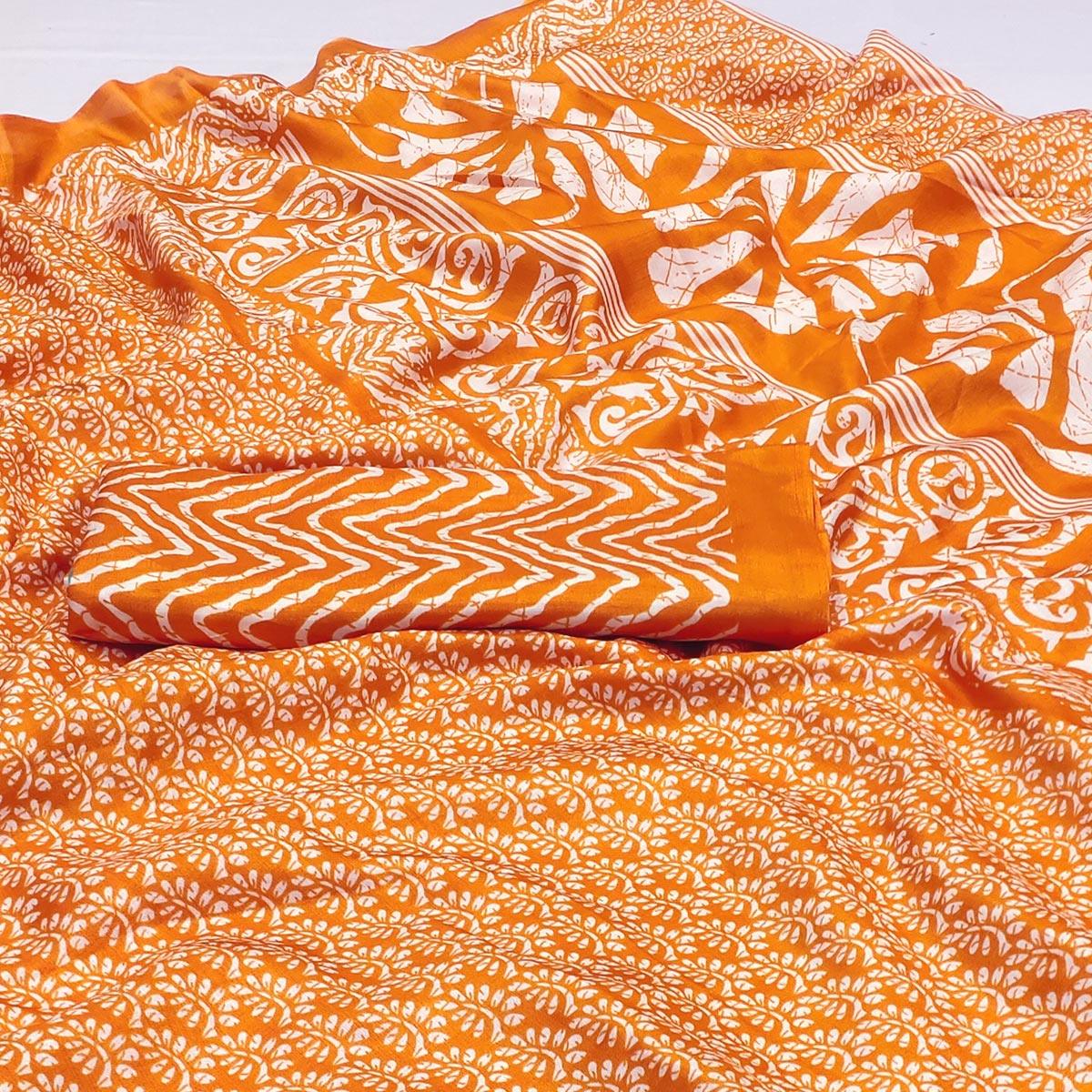 Orange Floral Printed Raw Silk Saree - Peachmode