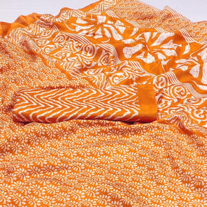 Orange Floral Printed Raw Silk Saree - Peachmode