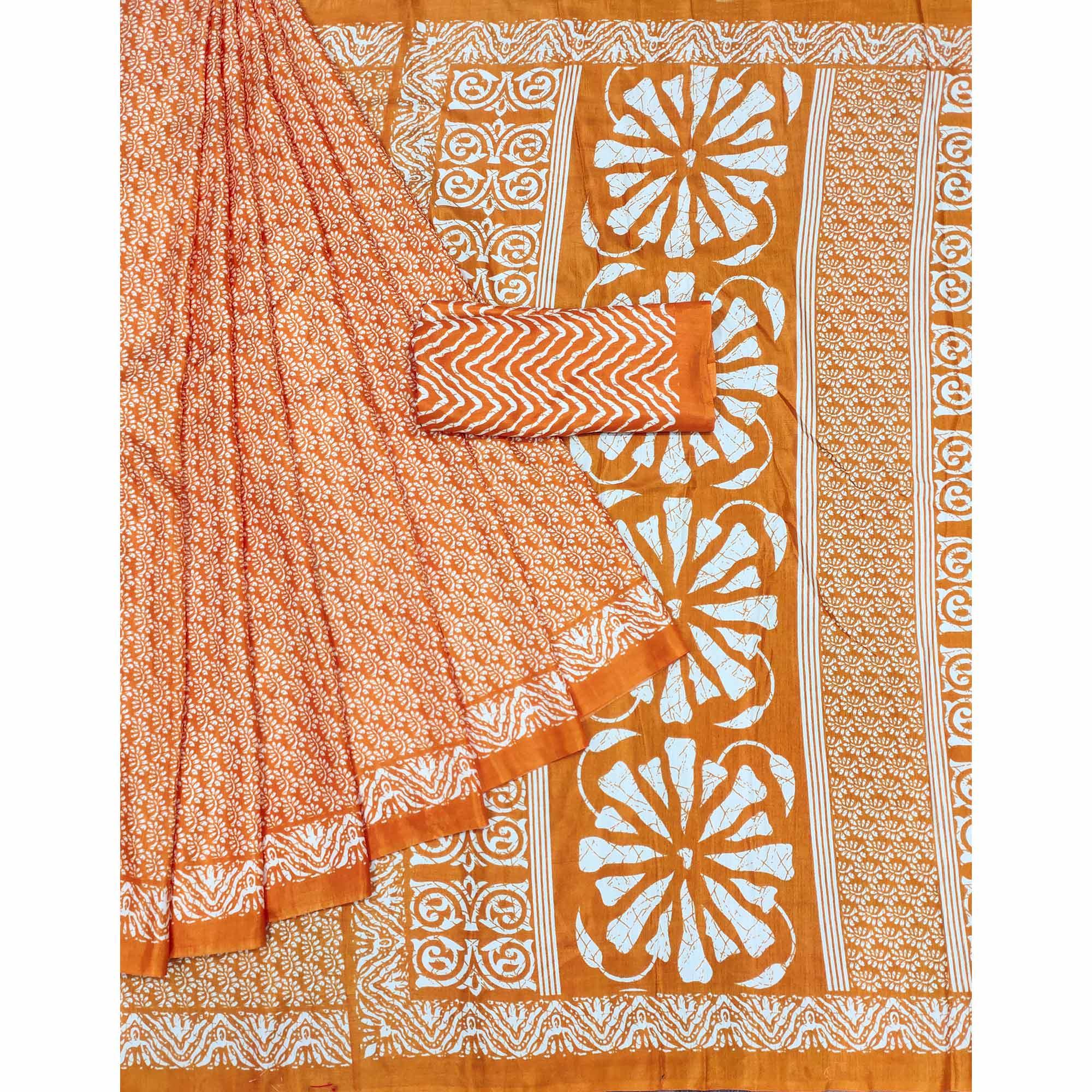 Orange Floral Printed Raw Silk Saree - Peachmode