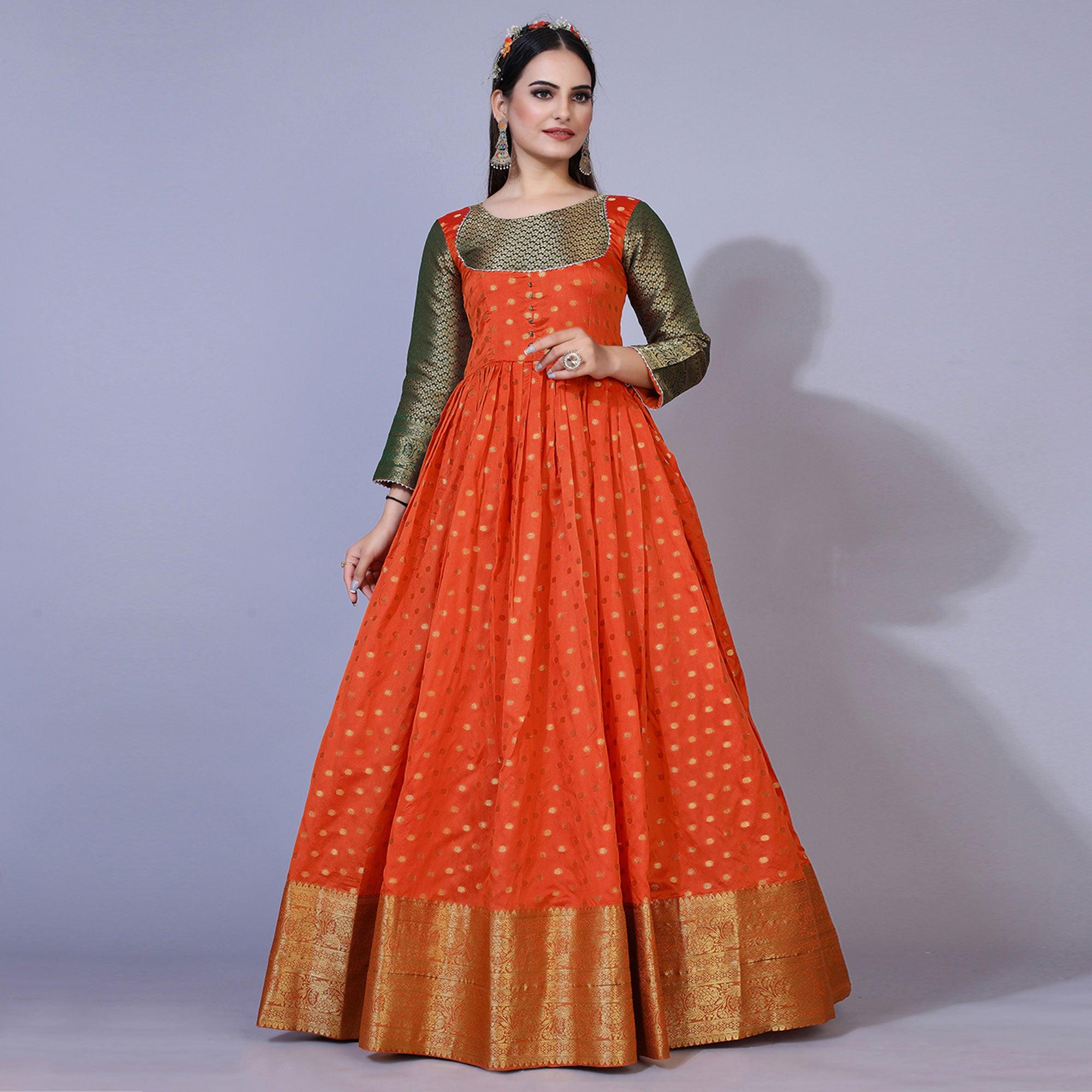 Orange Floral Woven Jacquard Anarkali Style Gown - Peachmode