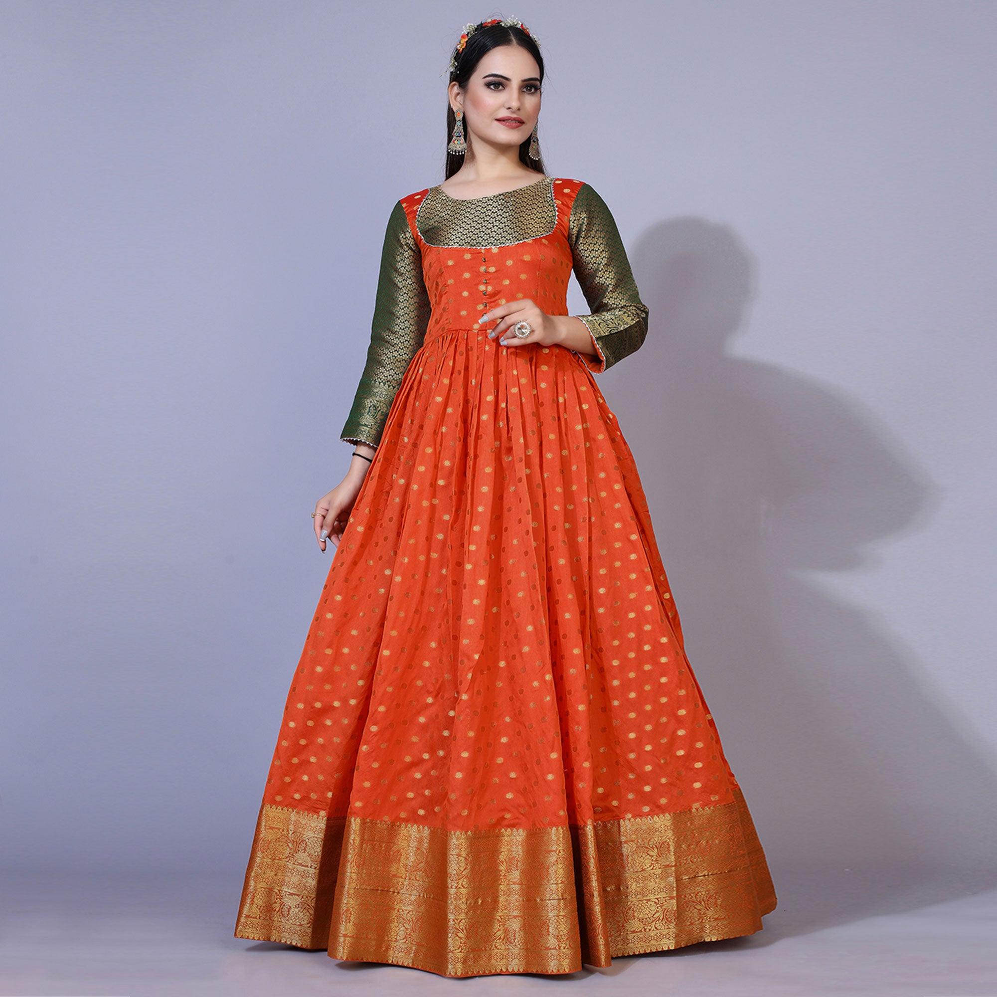 open lace back dress Orange Floral Woven Jacquard Anarkali Style Gown