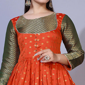 Orange Floral Woven Jacquard Anarkali Style Gown - Peachmode