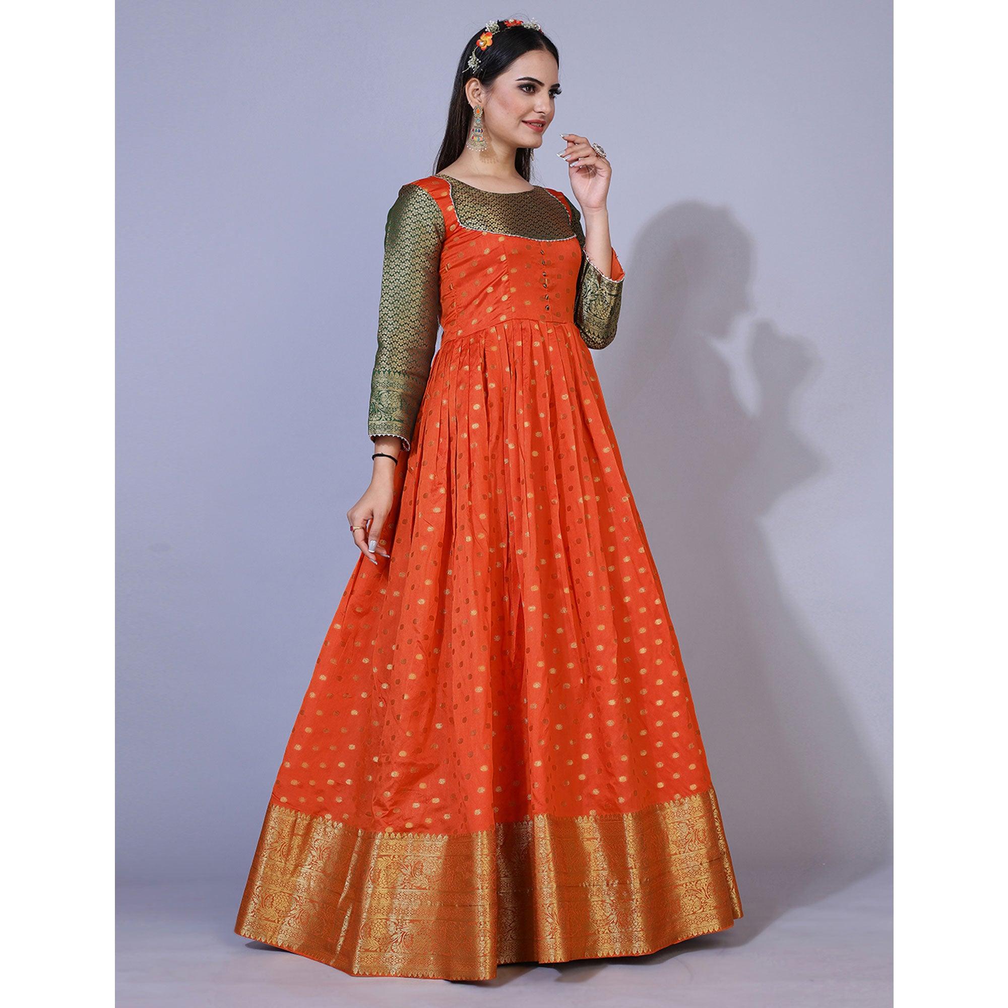 Orange Floral Woven Jacquard Anarkali Style Gown - Peachmode