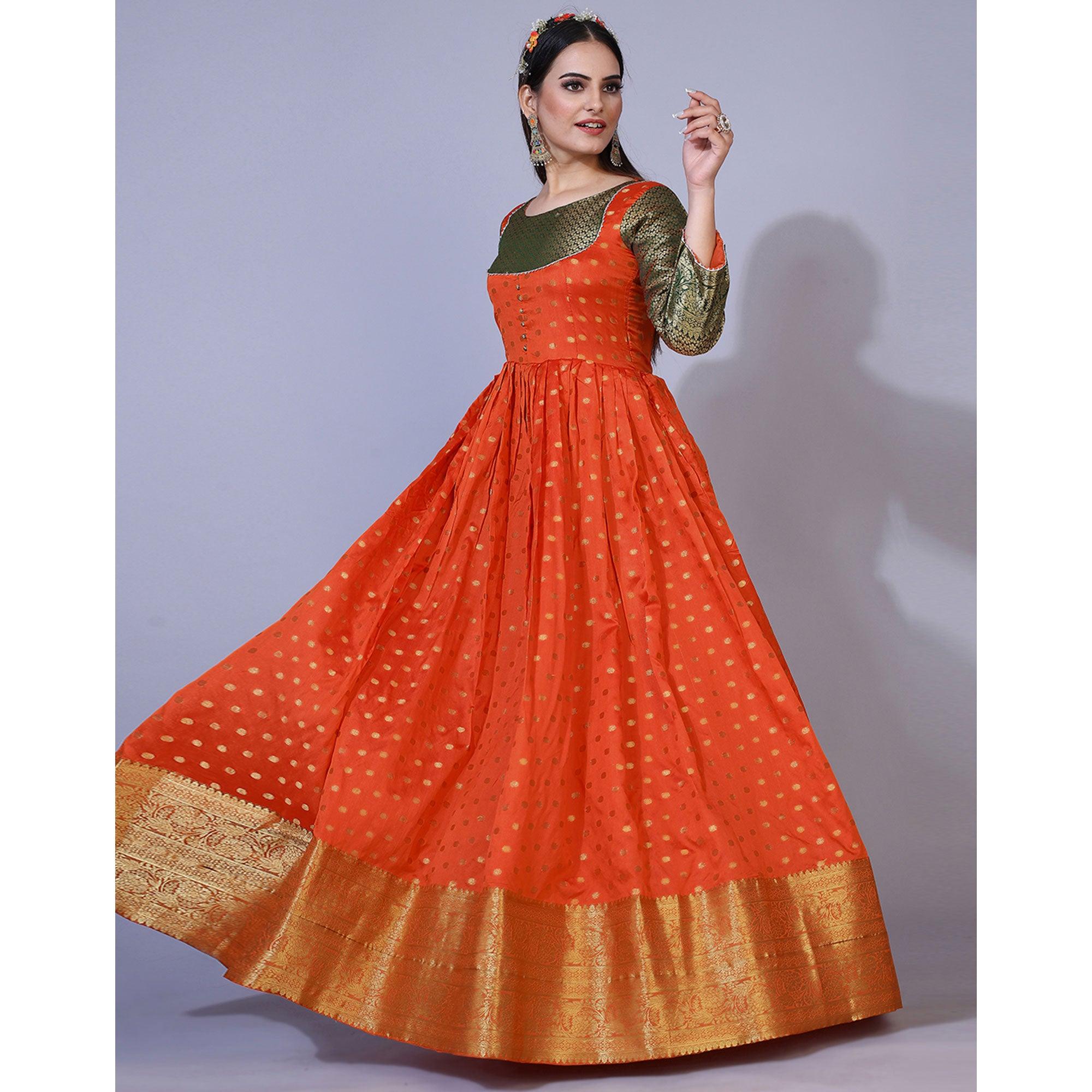 Orange Floral Woven Jacquard Anarkali Style Gown - Peachmode