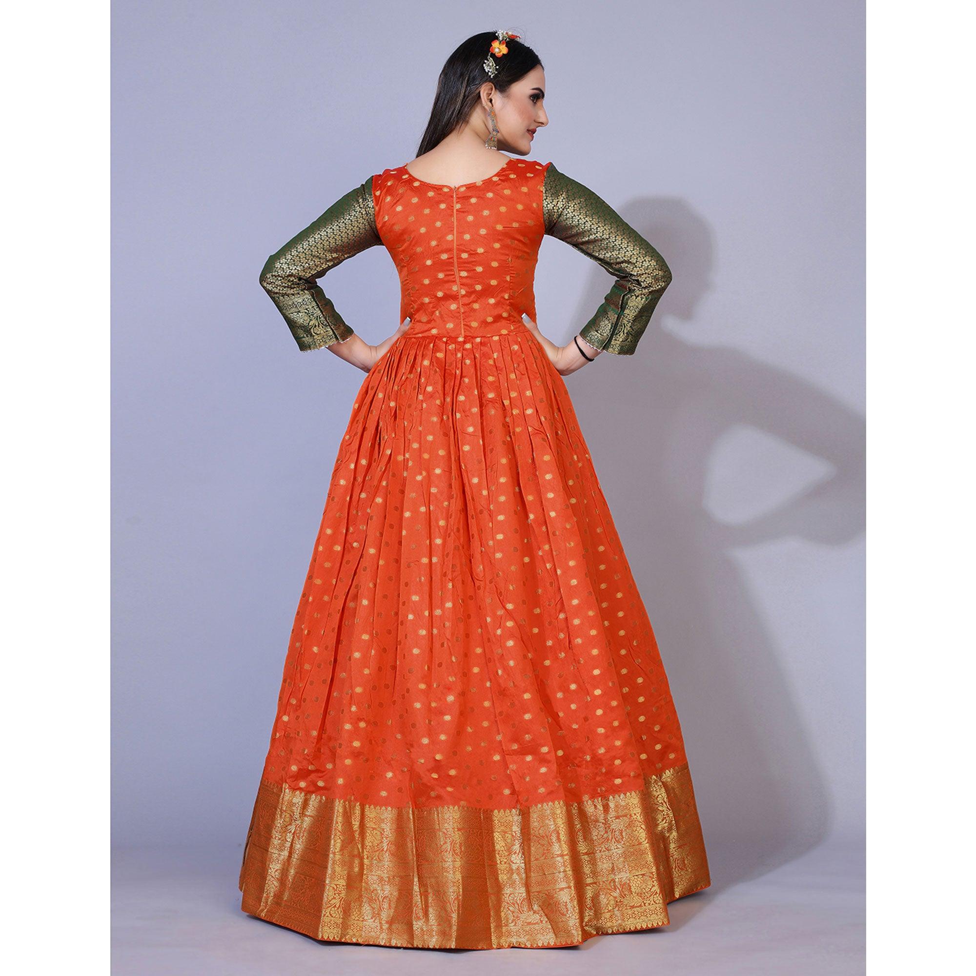 Orange Floral Woven Jacquard Anarkali Style Gown - Peachmode