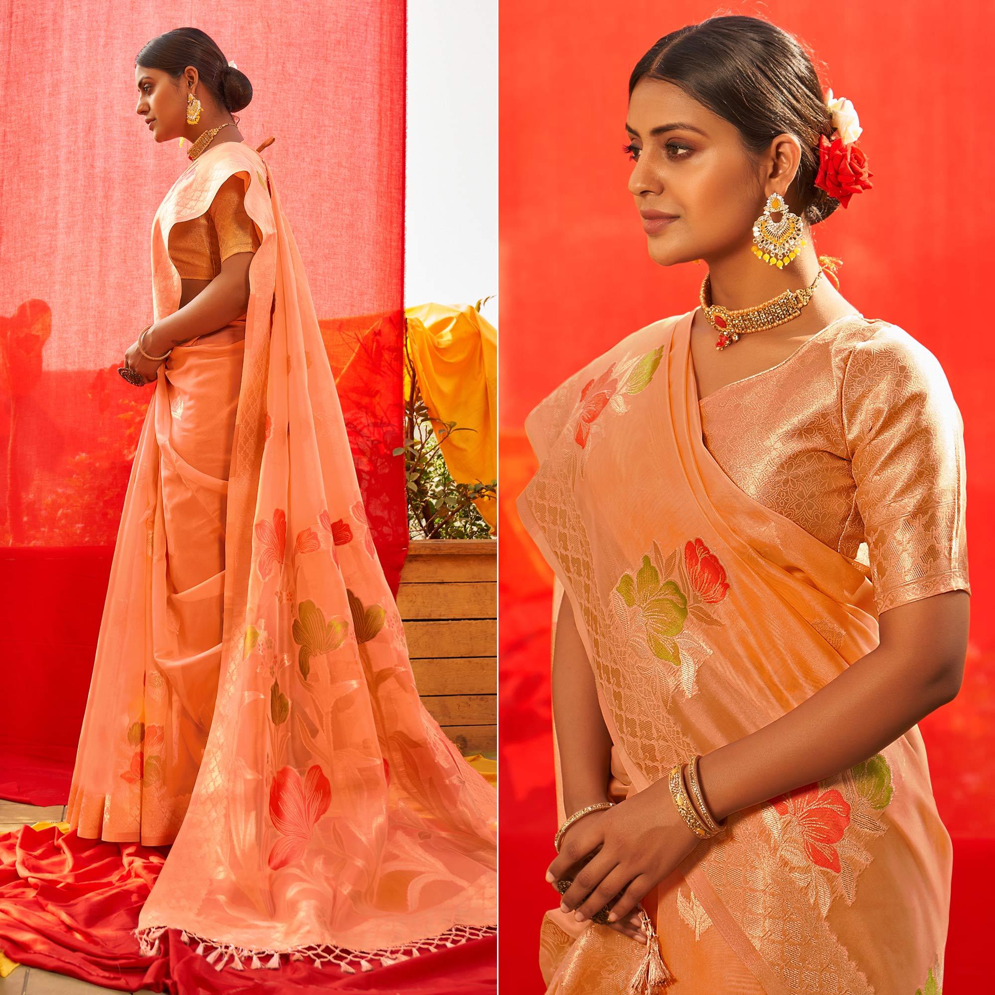 Orange Floral Woven Organza Saree - Peachmode