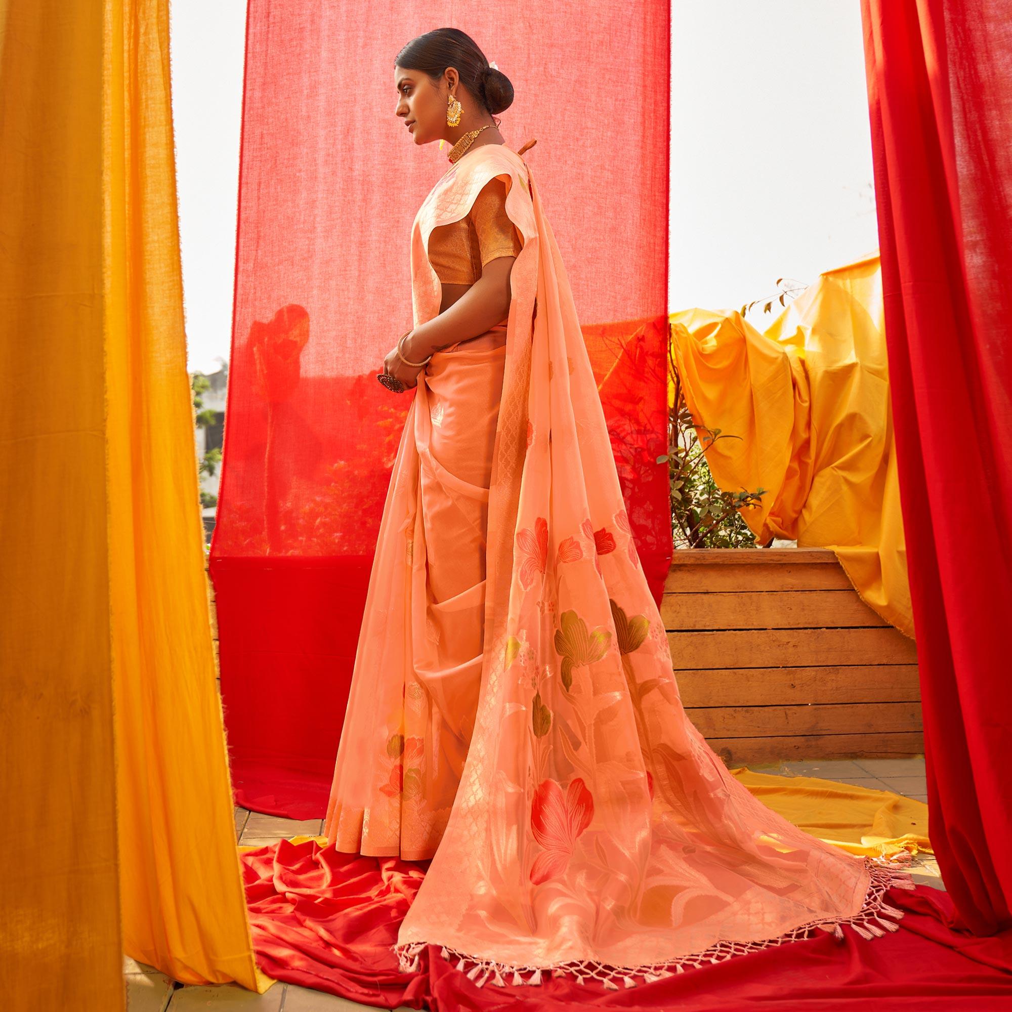 Orange Floral Woven Organza Saree - Peachmode