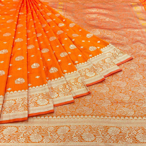 Orange Floral Zari Woven Art Silk Saree - Peachmode