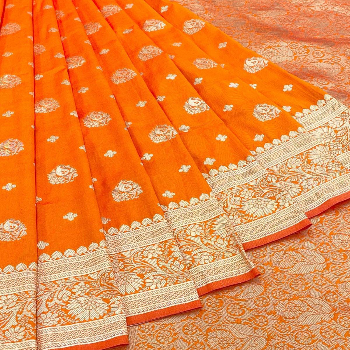Orange Floral Zari Woven Art Silk Saree - Peachmode