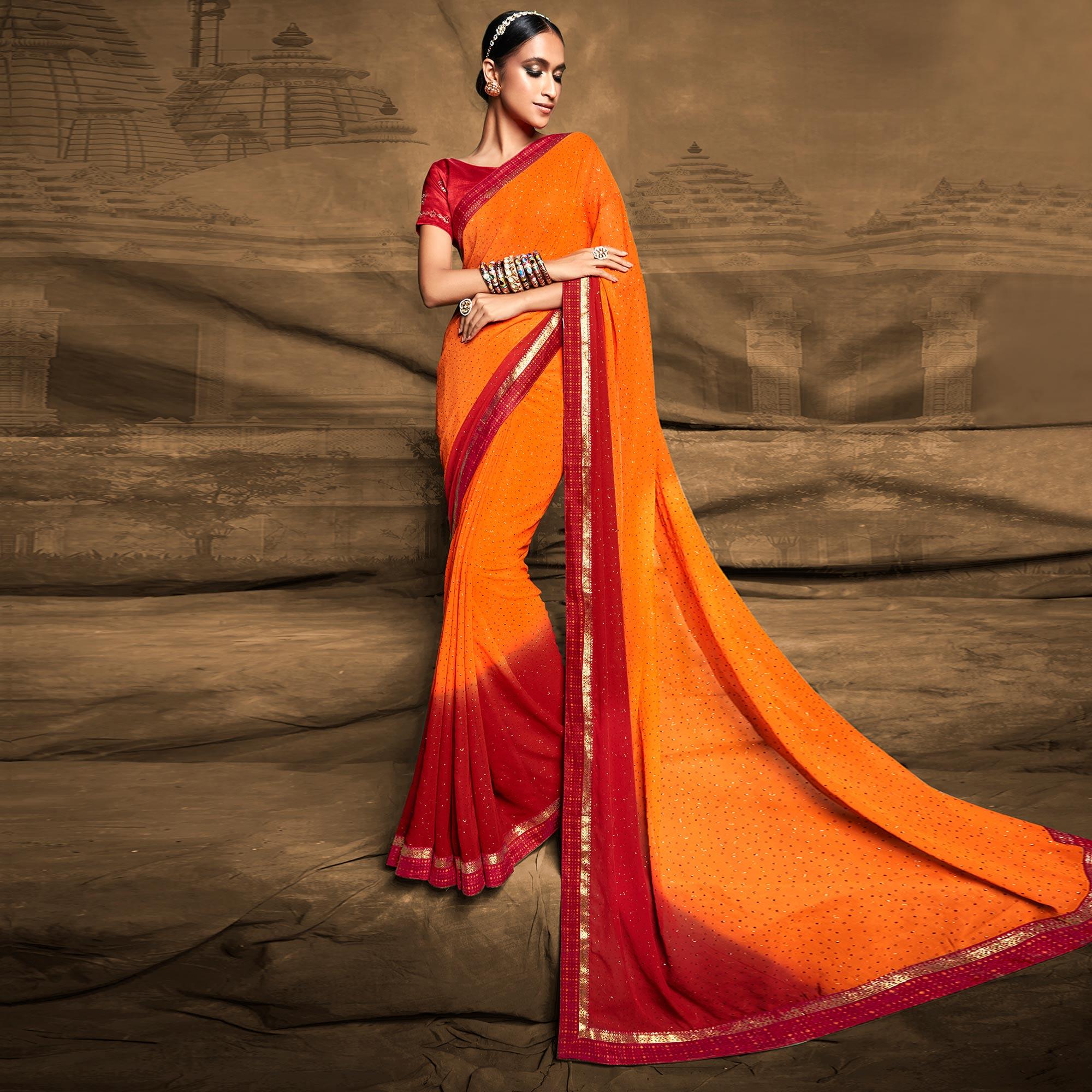 Orange Foil Printed Georgette Saree - Peachmode