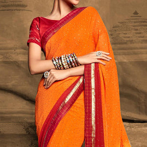 Orange Foil Printed Georgette Saree - Peachmode