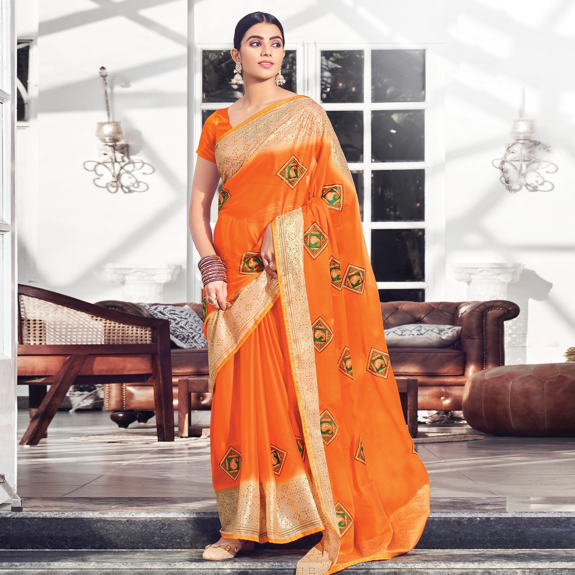 Orange Geometric Embroidered Chiffon Saree - Peachmode