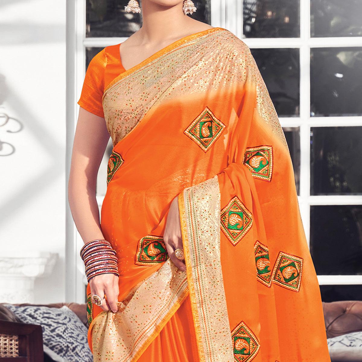 Orange Geometric Embroidered Chiffon Saree - Peachmode