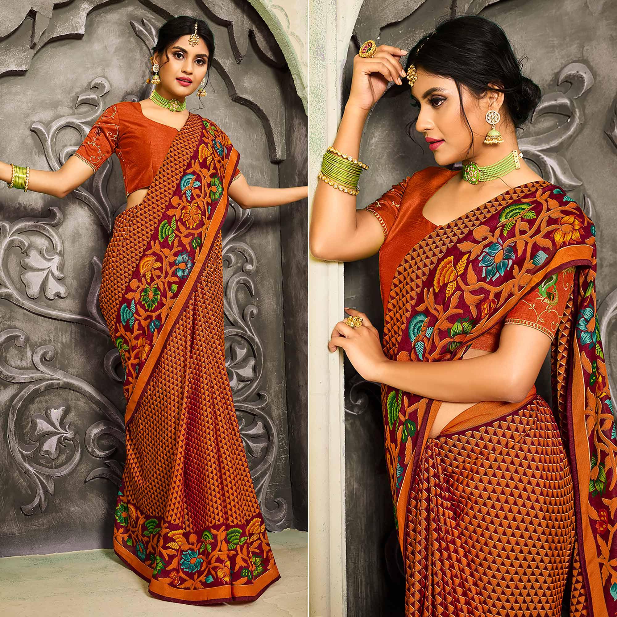 Orange Geometric Printed Brasso Saree With Tassels - Peachmode