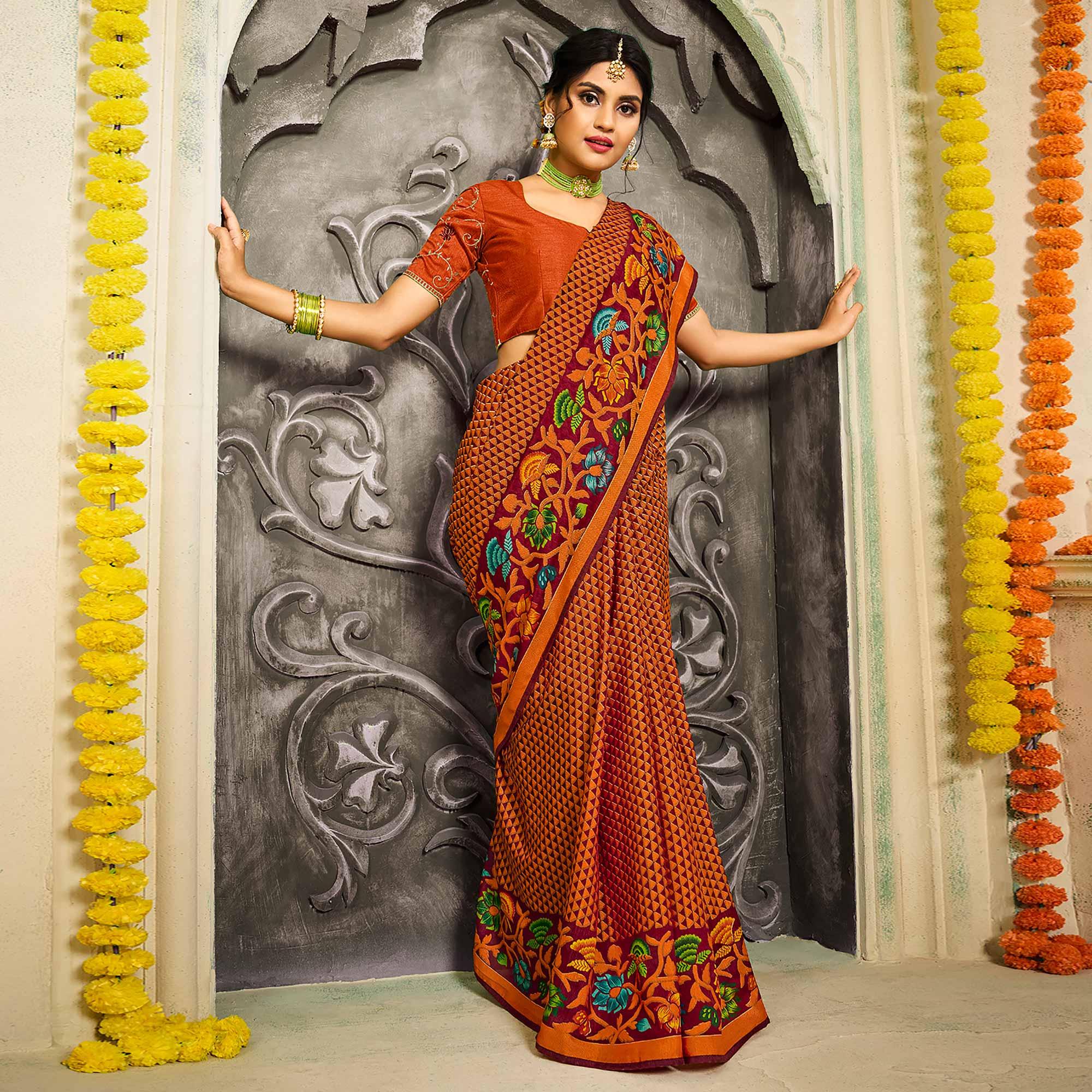 Orange Geometric Printed Brasso Saree With Tassels - Peachmode