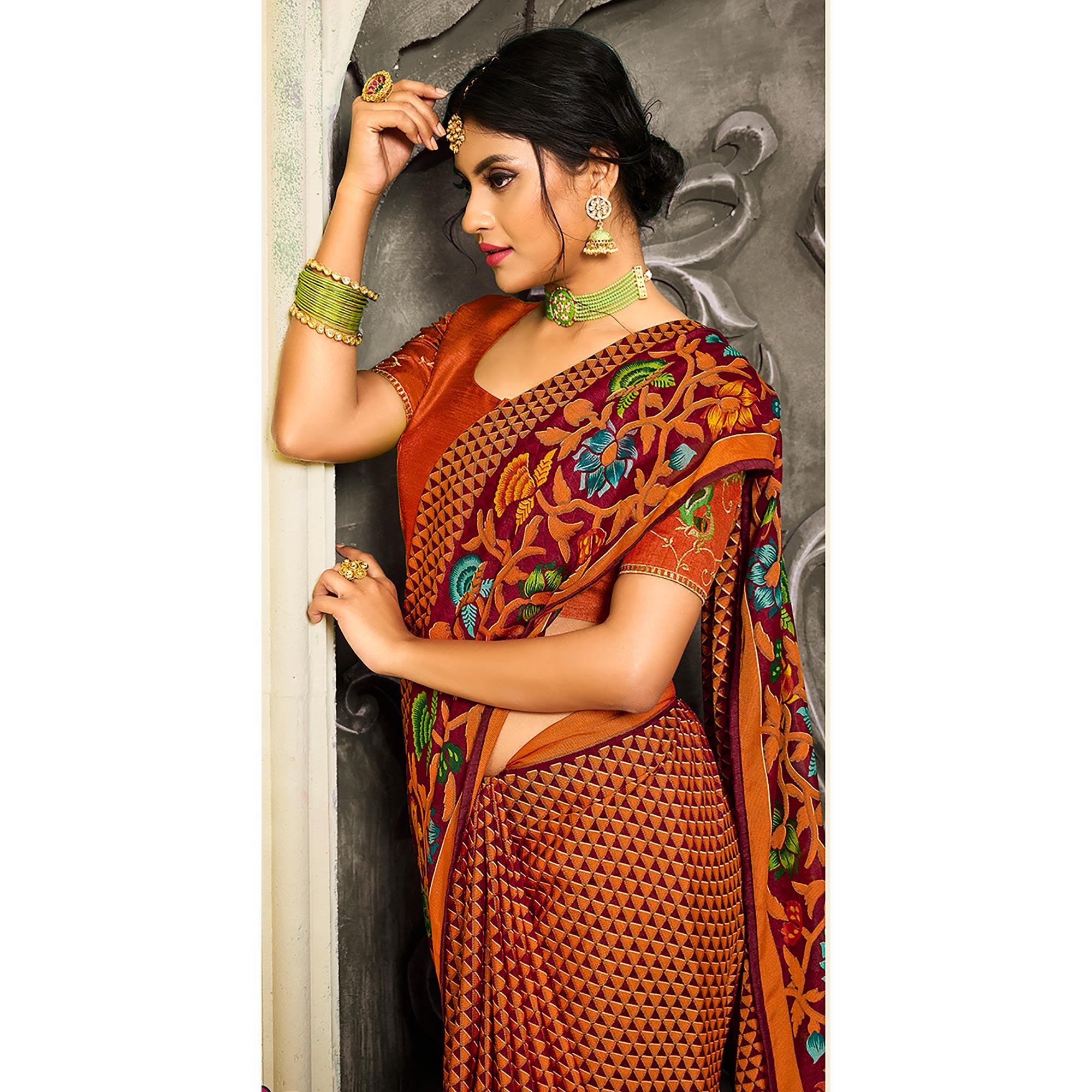 Orange Geometric Printed Brasso Saree With Tassels - Peachmode