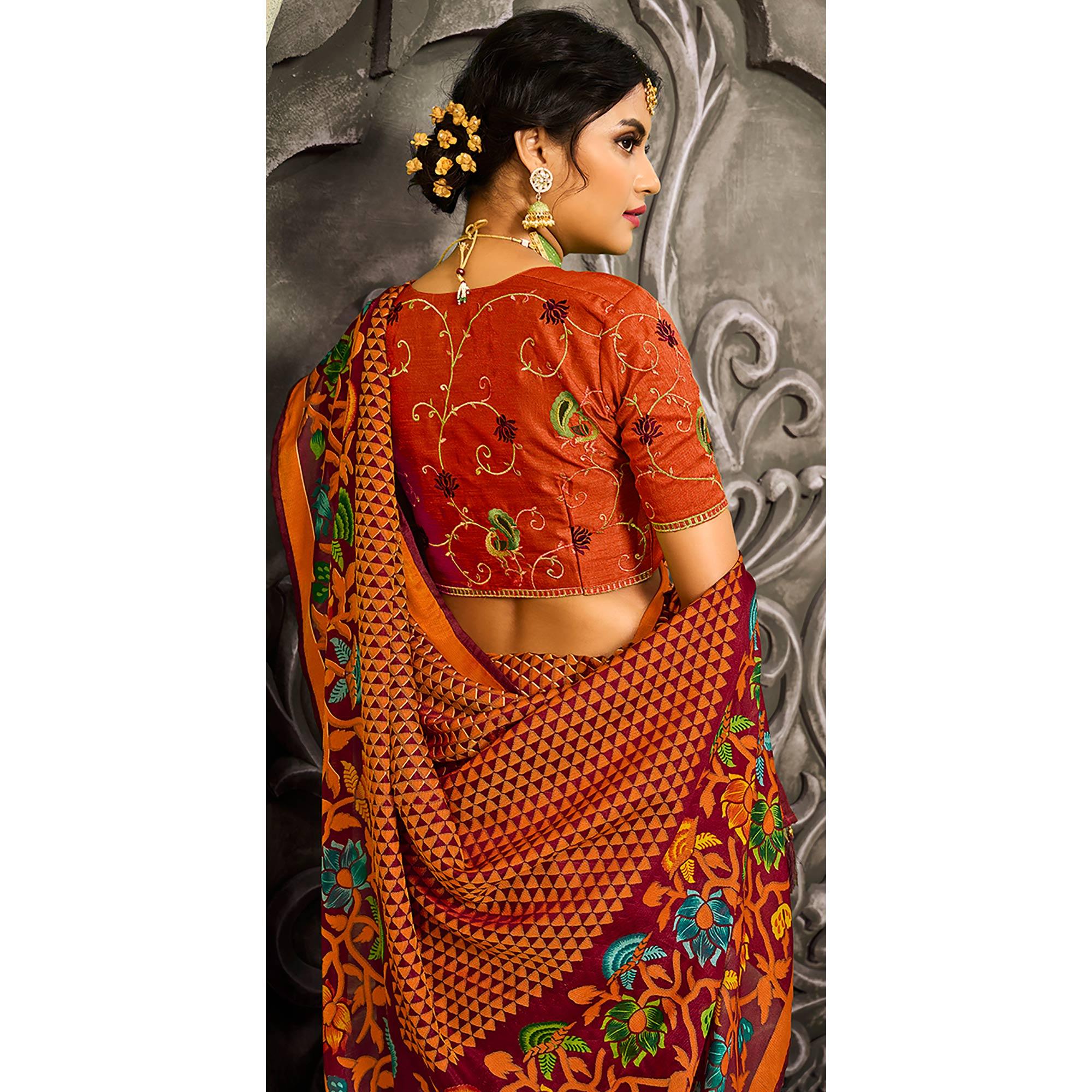 Orange Geometric Printed Brasso Saree With Tassels - Peachmode