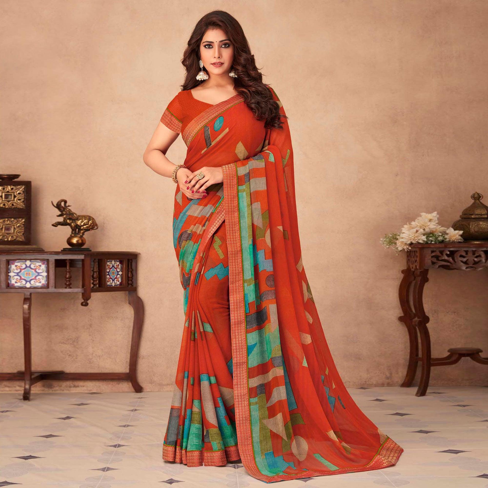 Orange Geometric Printed Chiffon Saree - Peachmode