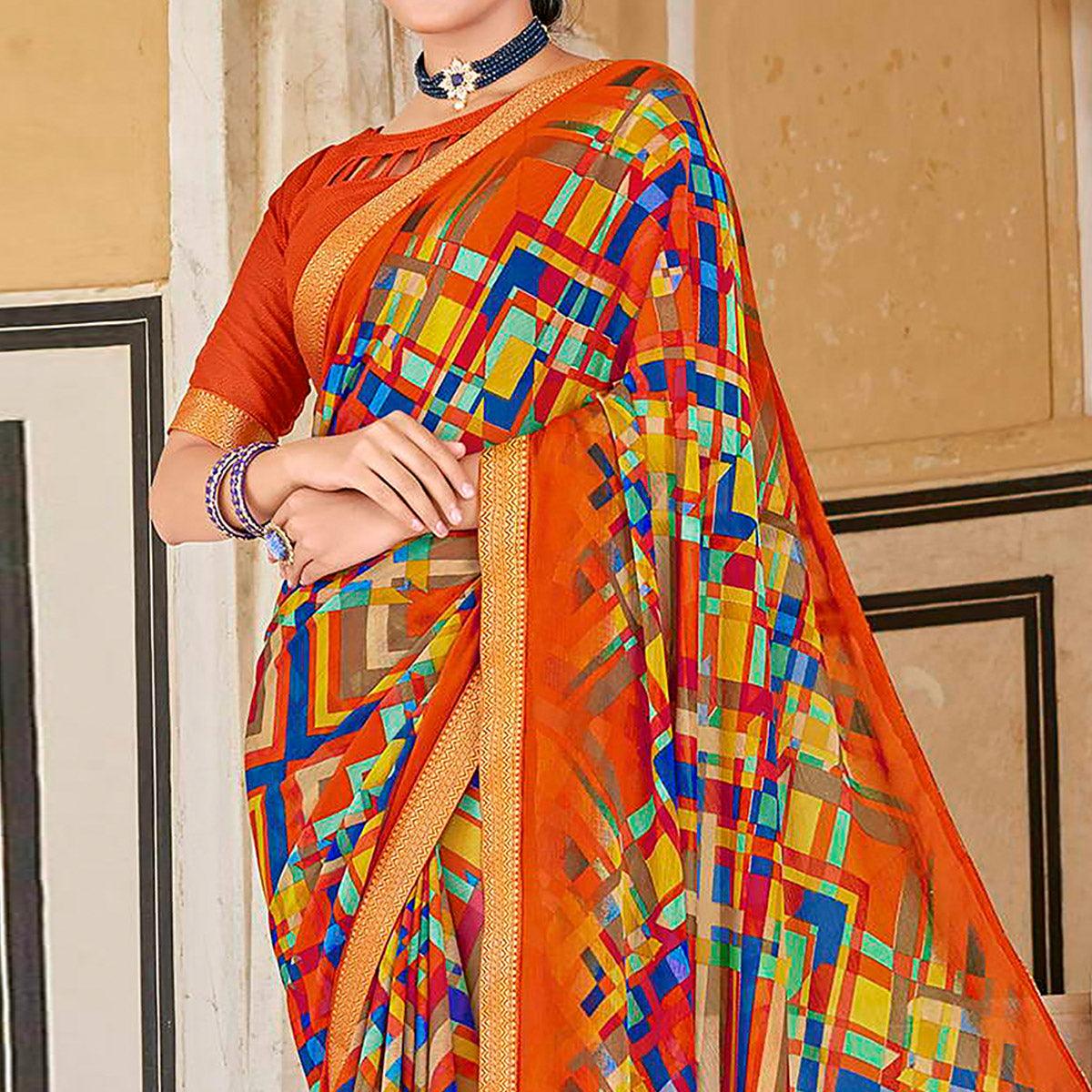 Orange Geometric Printed Chiffon Saree - Peachmode