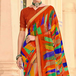 Orange Geometric Printed Chiffon Saree - Peachmode