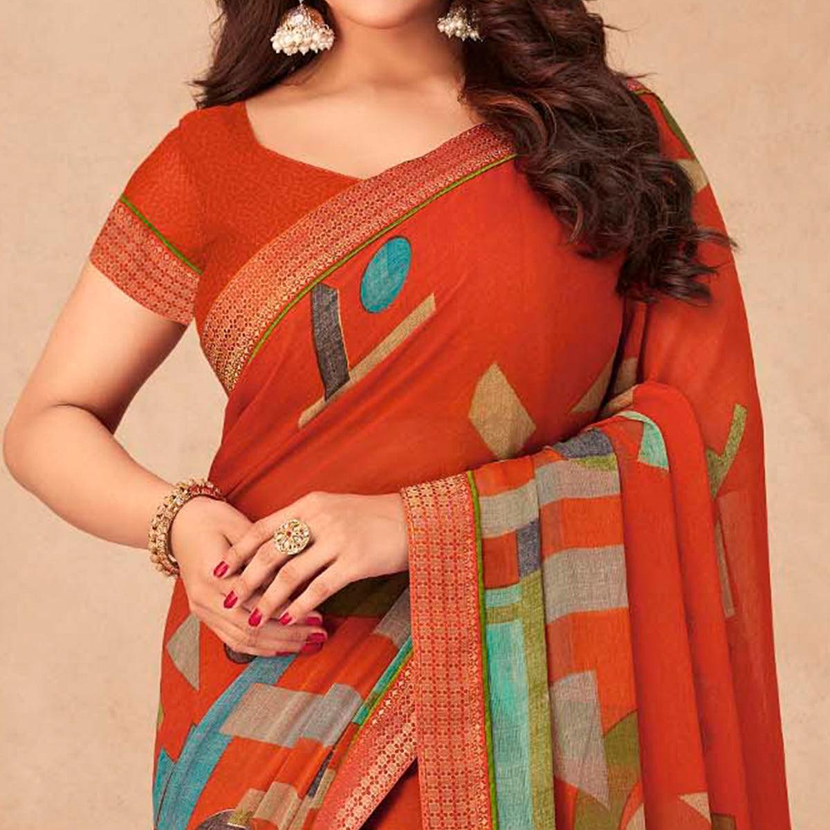 Orange Geometric Printed Chiffon Saree - Peachmode