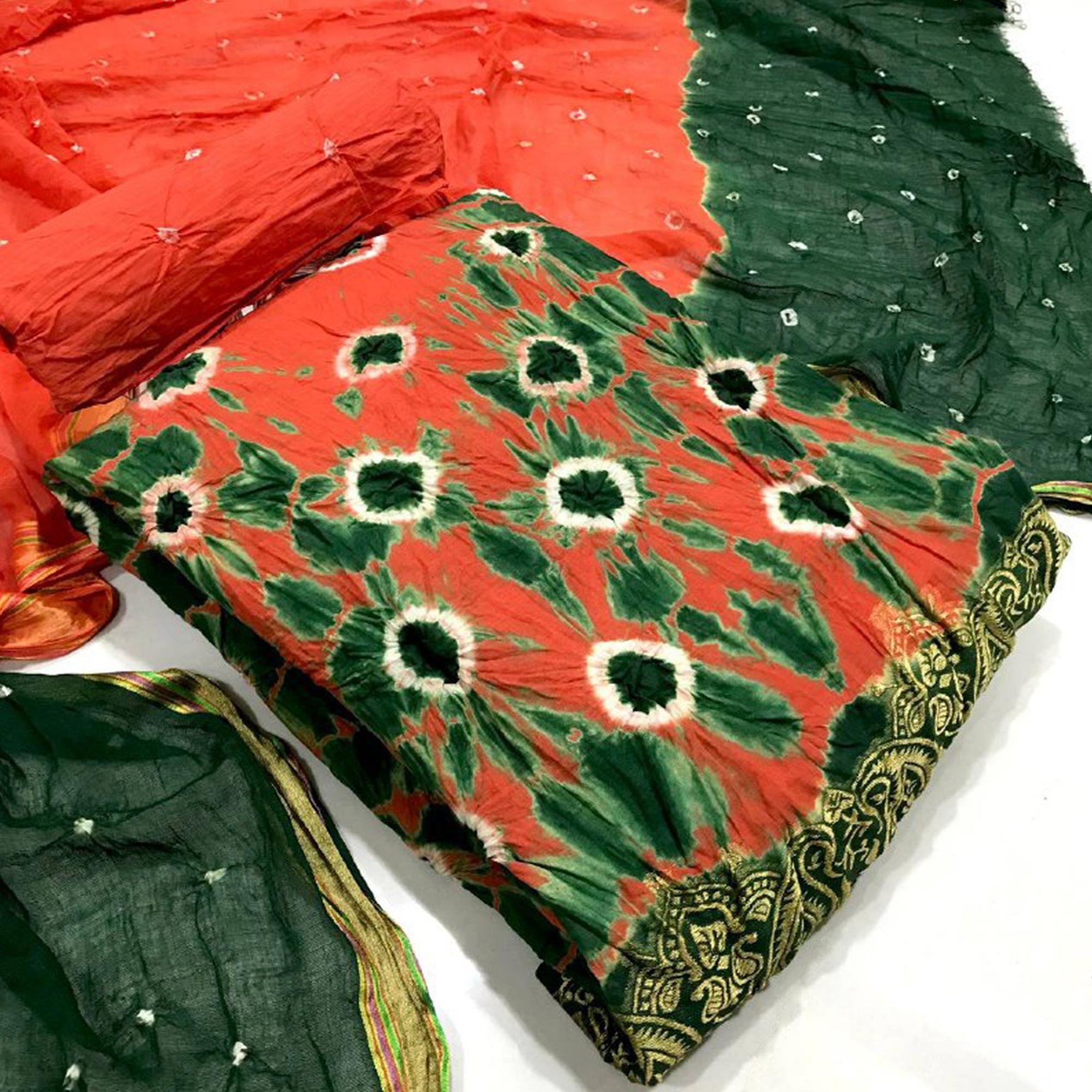 Orange -Green Bandhani Printed Pure Cotton Dress Material - Peachmode