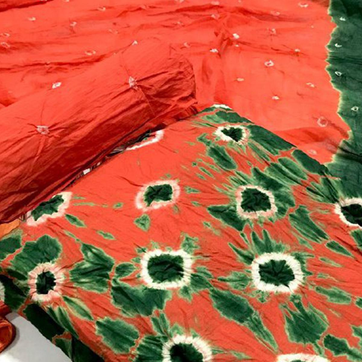 Orange -Green Bandhani Printed Pure Cotton Dress Material - Peachmode