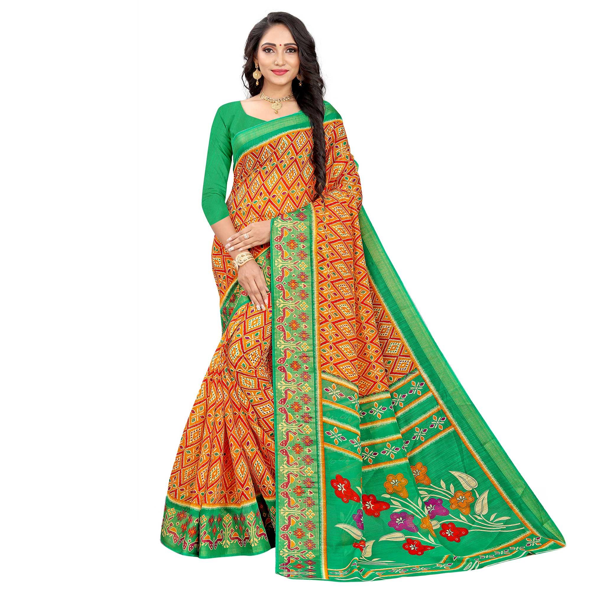 Orange-Green Festive Wear Floral Printed Cotton linen Saree - Peachmode