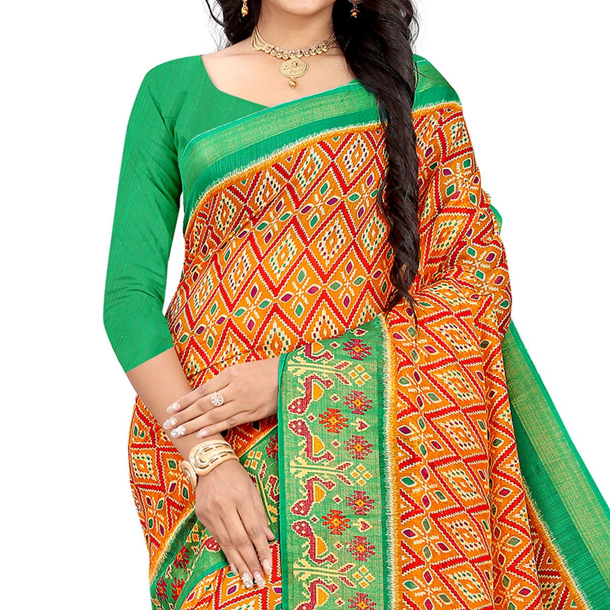 Orange-Green Festive Wear Floral Printed Cotton linen Saree - Peachmode