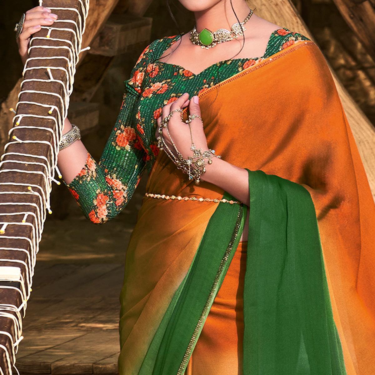 Orange-Green Solid Chiffon Saree - Peachmode