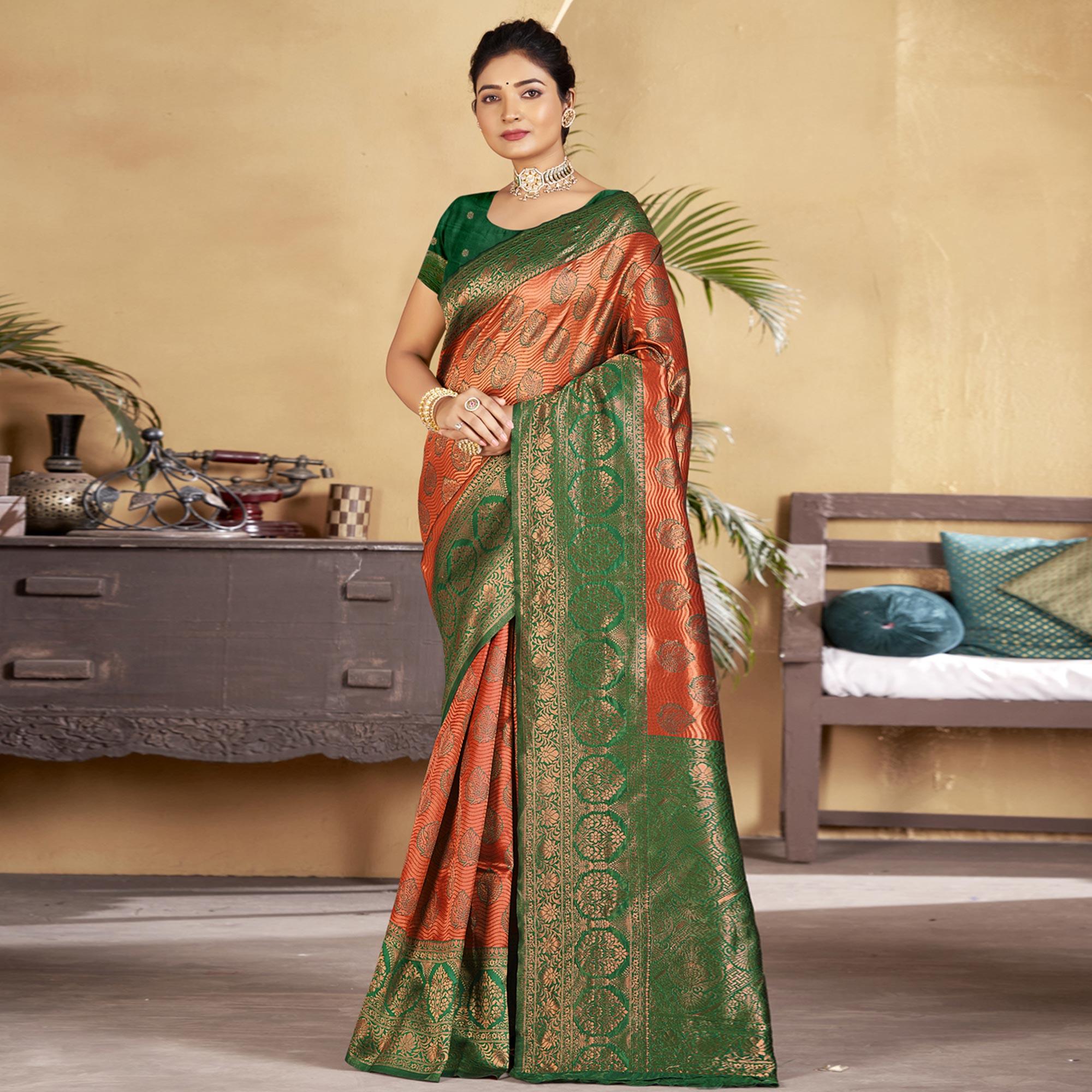 Orange-Green Woven Art Silk Saree - Peachmode