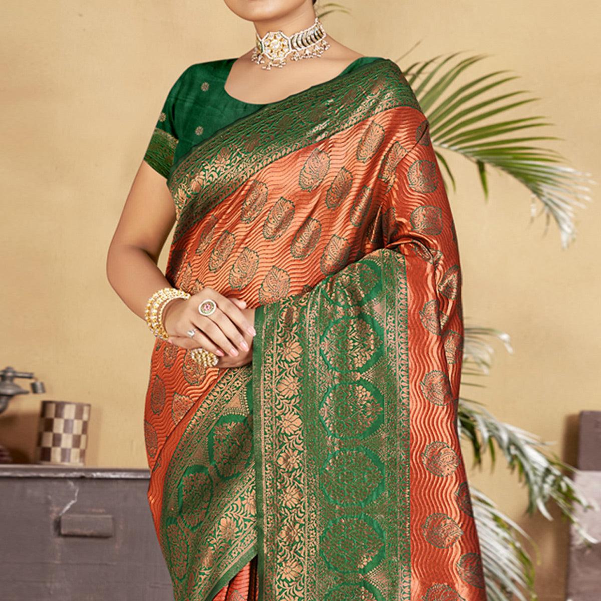 Orange-Green Woven Art Silk Saree - Peachmode