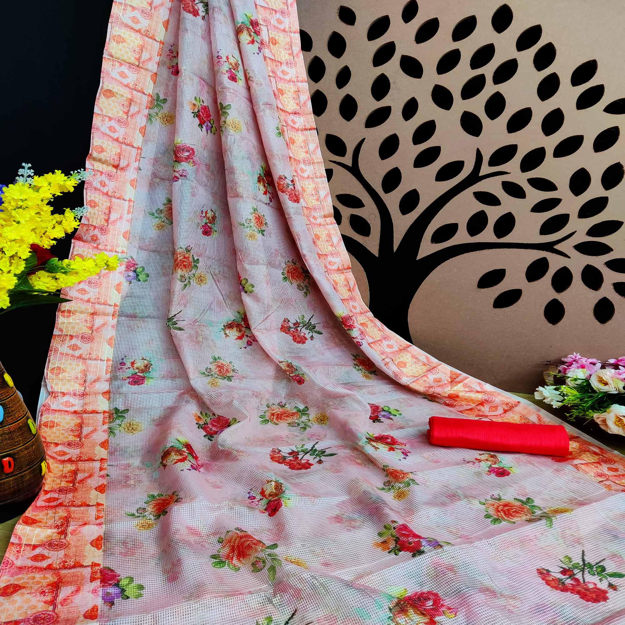 Orange-Grey Festive Wear Floral Digital Print With Woven Border Silk Saree - Peachmode