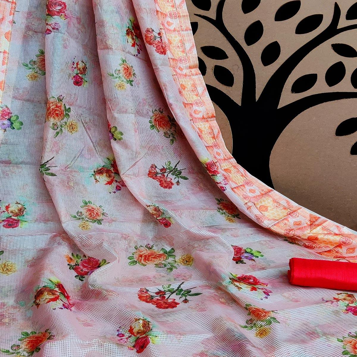 Orange-Grey Festive Wear Floral Digital Print With Woven Border Silk Saree - Peachmode